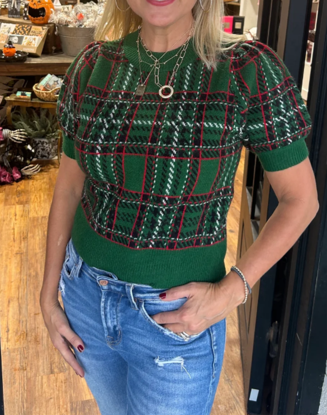 Green Plaid Sweater Top