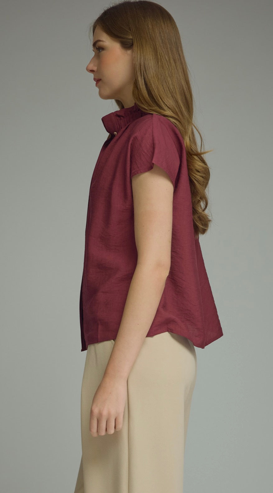Wine Ruffle Neck Top
