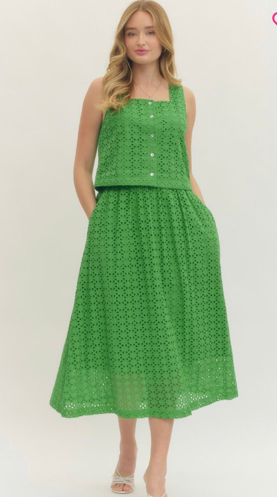 Green Eyelet  Top And Skirt Set