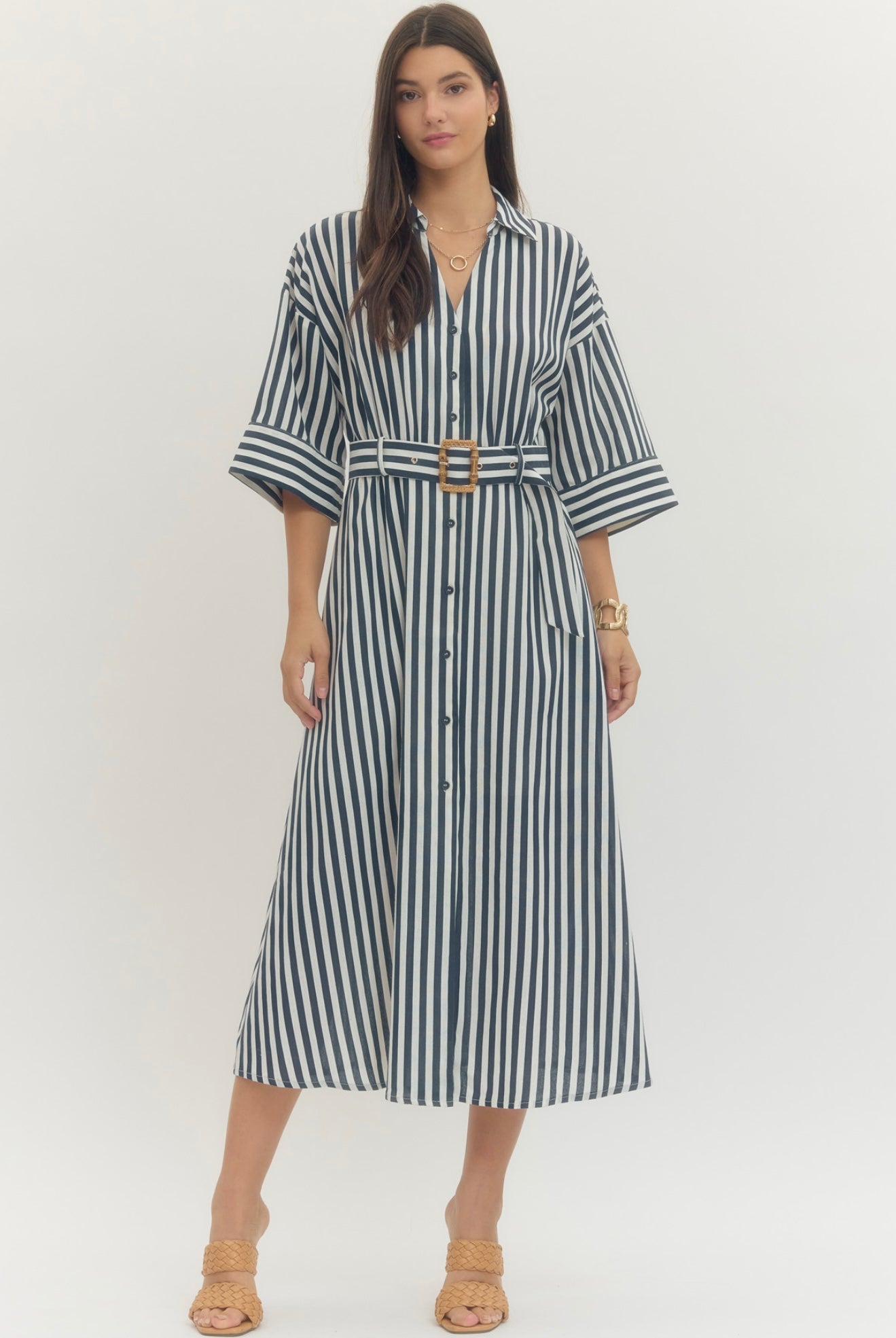 Blue Striped Maxi Dress W/Belt
