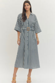 Blue Striped Maxi Dress W/Belt