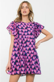 Flutter Sleeve Heart Print Dress