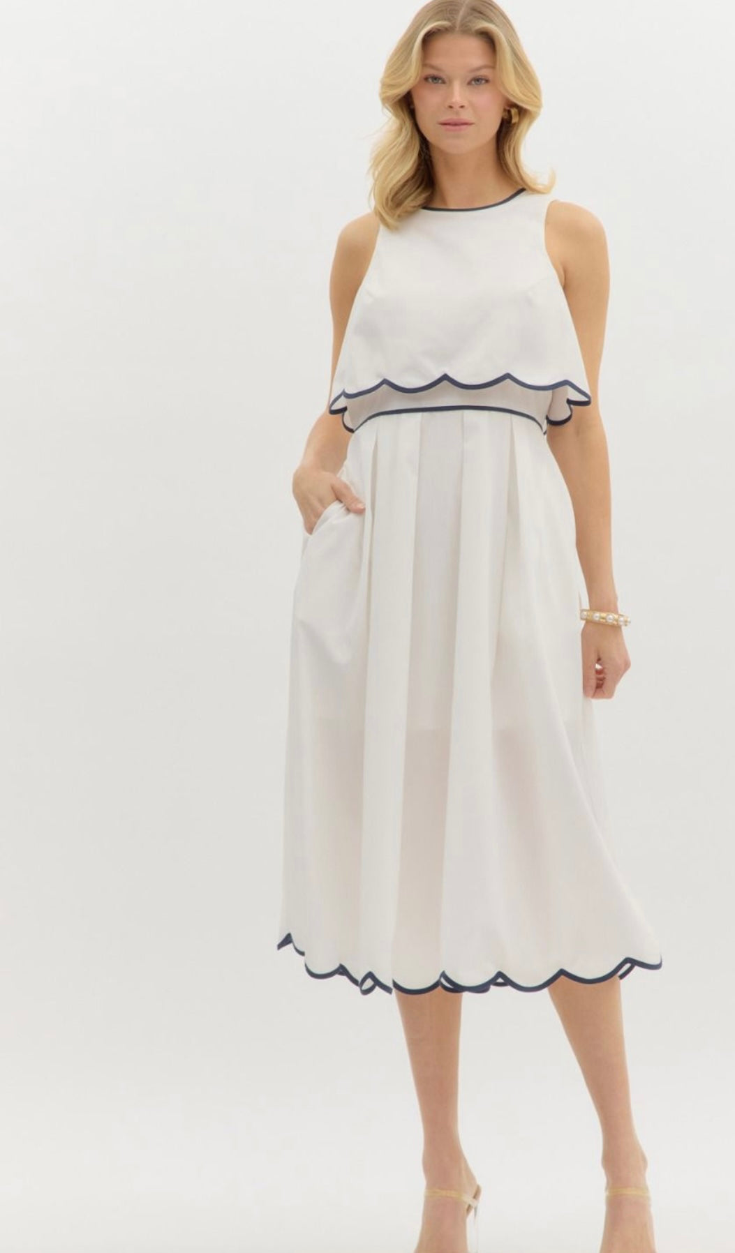 White Navy Scalloped Dress