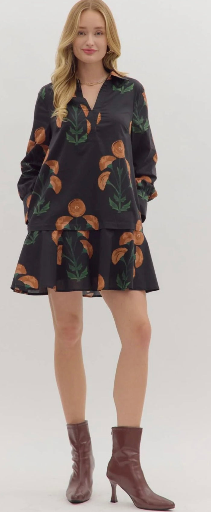 Brown Poppy Floral Dress