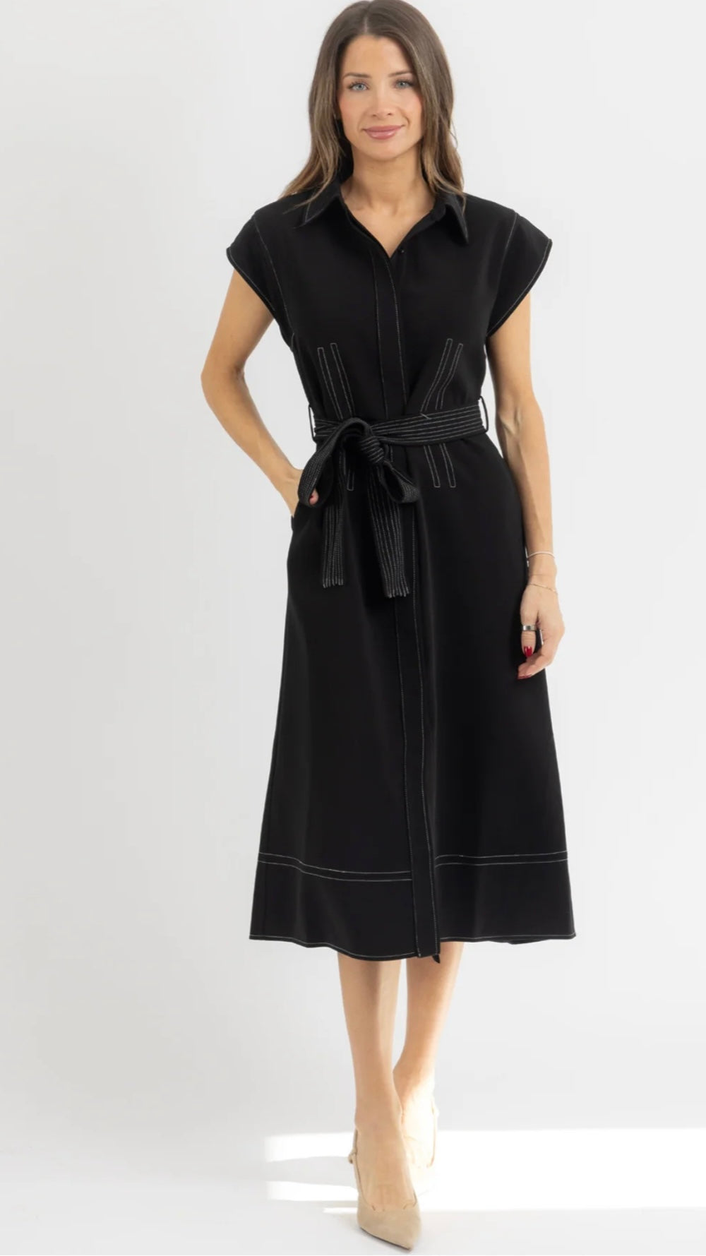 Contrast Black Midi Dress