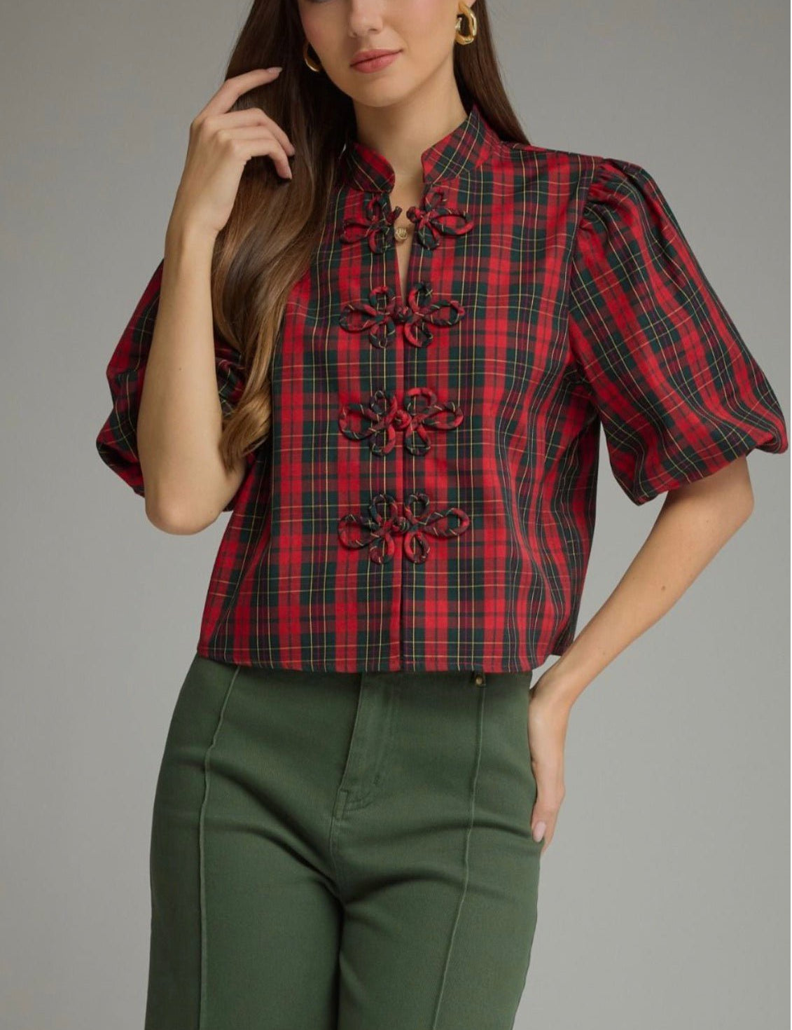 Christmas Tartan Top, red and green plaid top with puff sleeves and bow closures