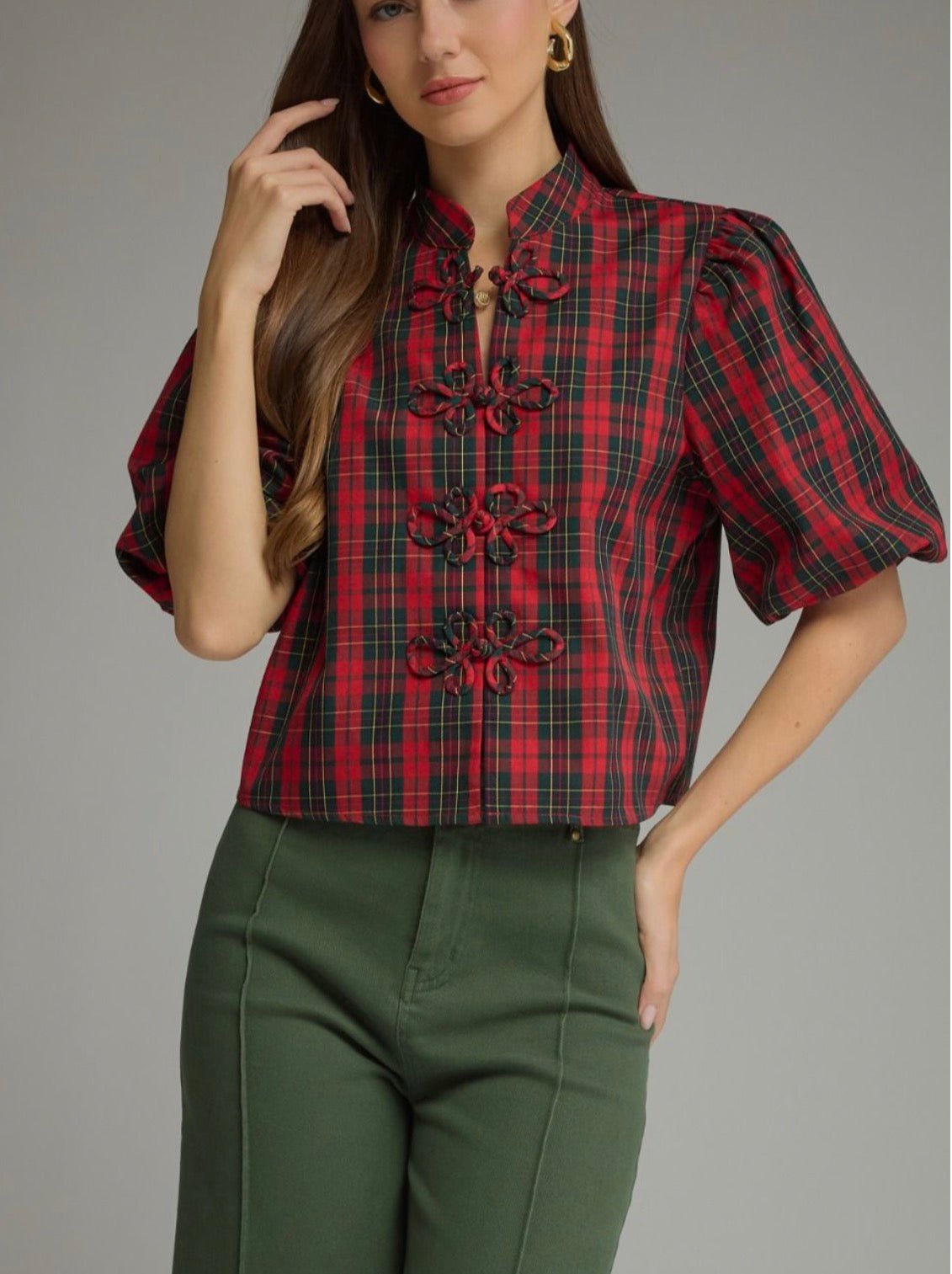 Christmas Tartan Top, red and green plaid top with puff sleeves and bow closures