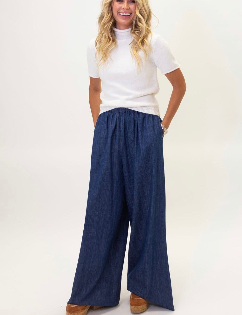 Denim High Waist Pant, dark wash wide-leg pull-on denim pants