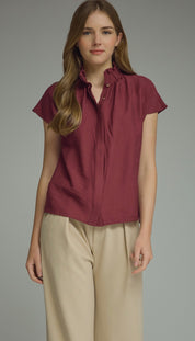 Wine Ruffle Neck Top