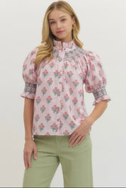 Smocked Floral Top Pink