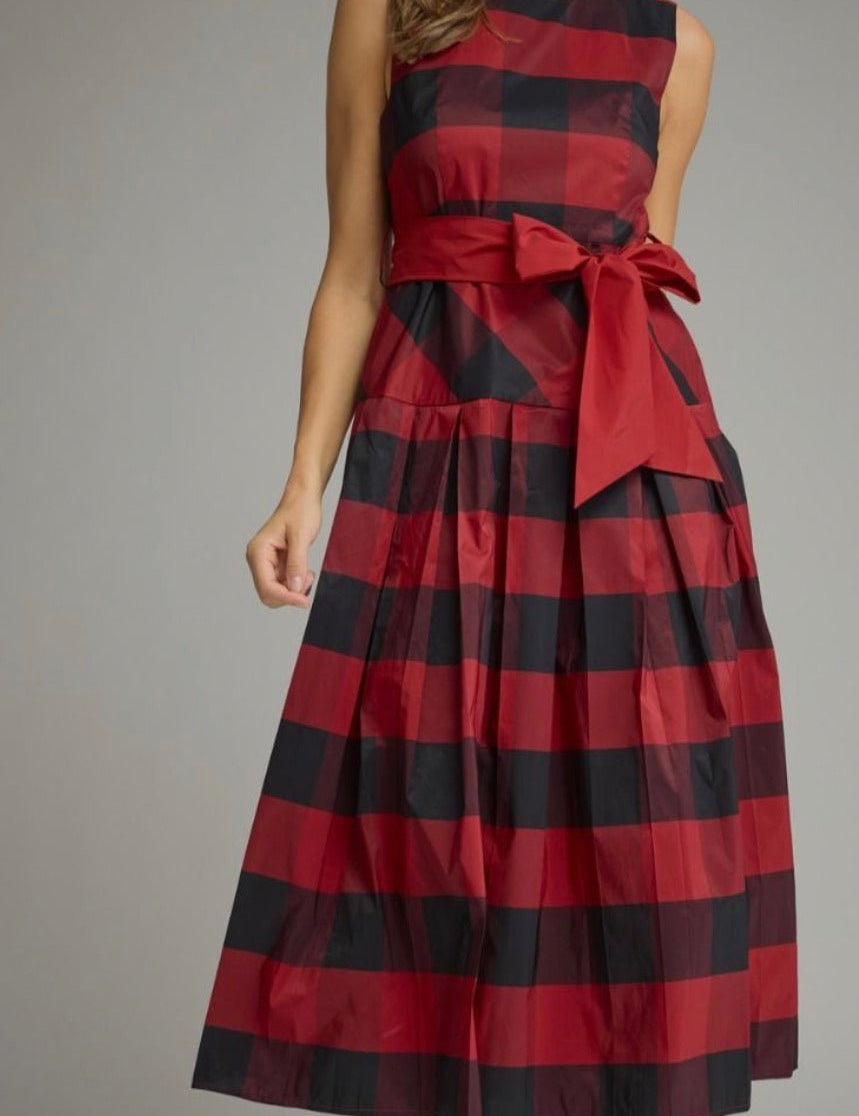 Maggie Holiday Dress, red and black buffalo plaid midi dress with waist bow