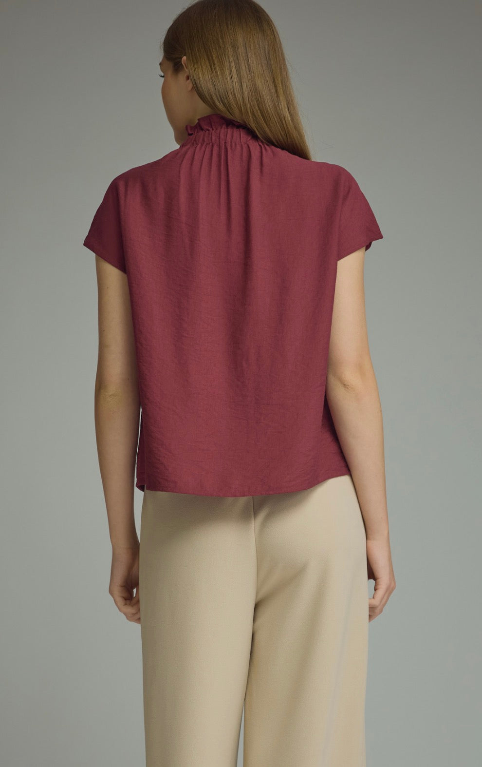 Wine Ruffle Neck Top