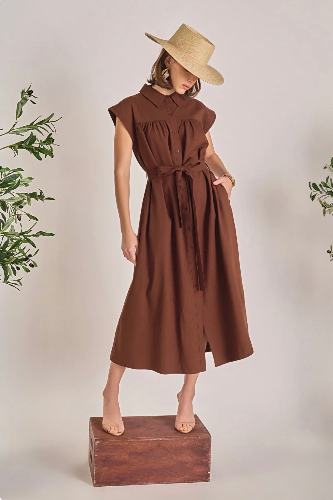 Mocha Belted Midi Dress