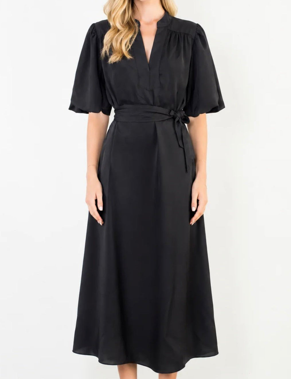 Short Sleeve Silk Midi Dress, black V-neck midi dress with tie waist