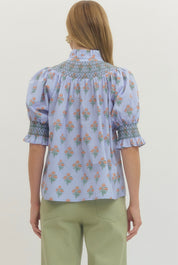 Smocked Floral Top Blue