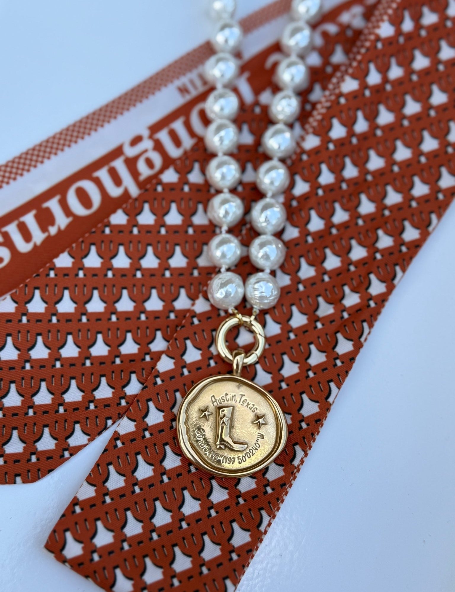 Austin Necklace, a gold or pearl Austin keepsake necklace, alternate view
