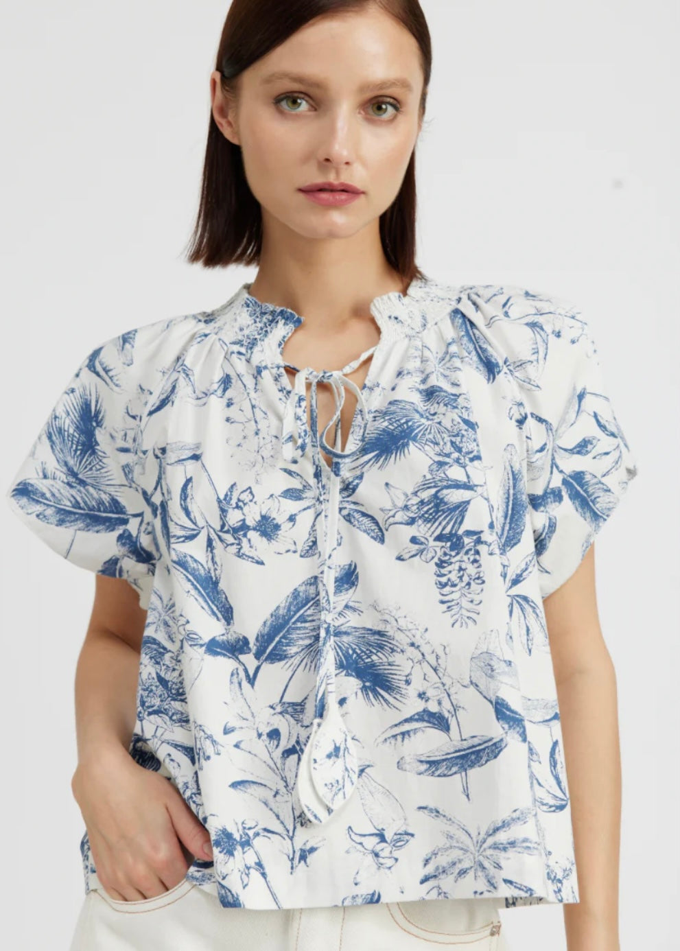 Tropical Toile Smocked Top