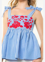 Tie Gingham Embroidered Top
