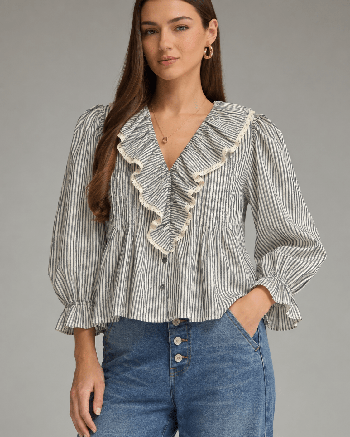 Stripe Inspired Top, black and cream striped ruffle V-neck blouse