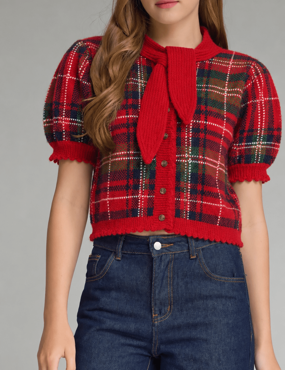 Red Plaid Sweater Top, red tartan cropped cardigan with knit tie neck