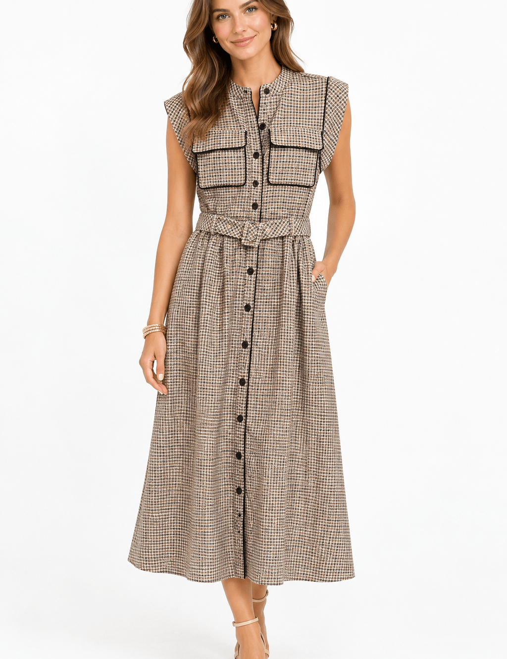 Perfect Fall Check Dress, brown and cream check midi dress with belt