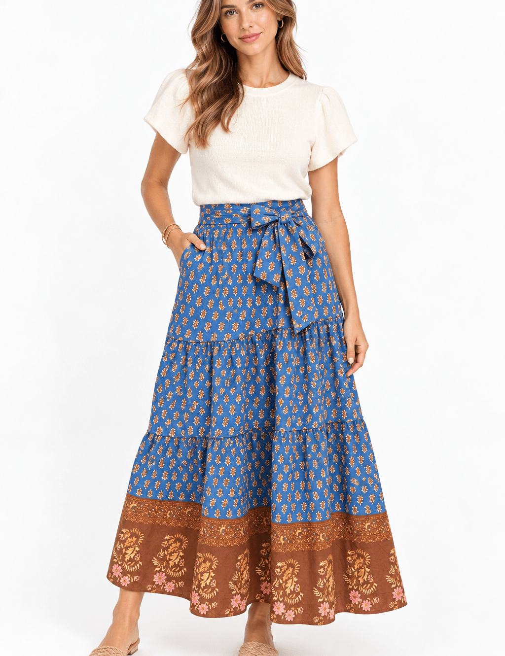 Vintage Floral Maxi Skirt, blue floral tiered maxi skirt with brown border