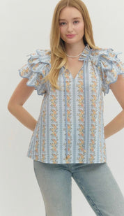 Floral Trellis Top, an airy floral trellis flared top, worn front view
