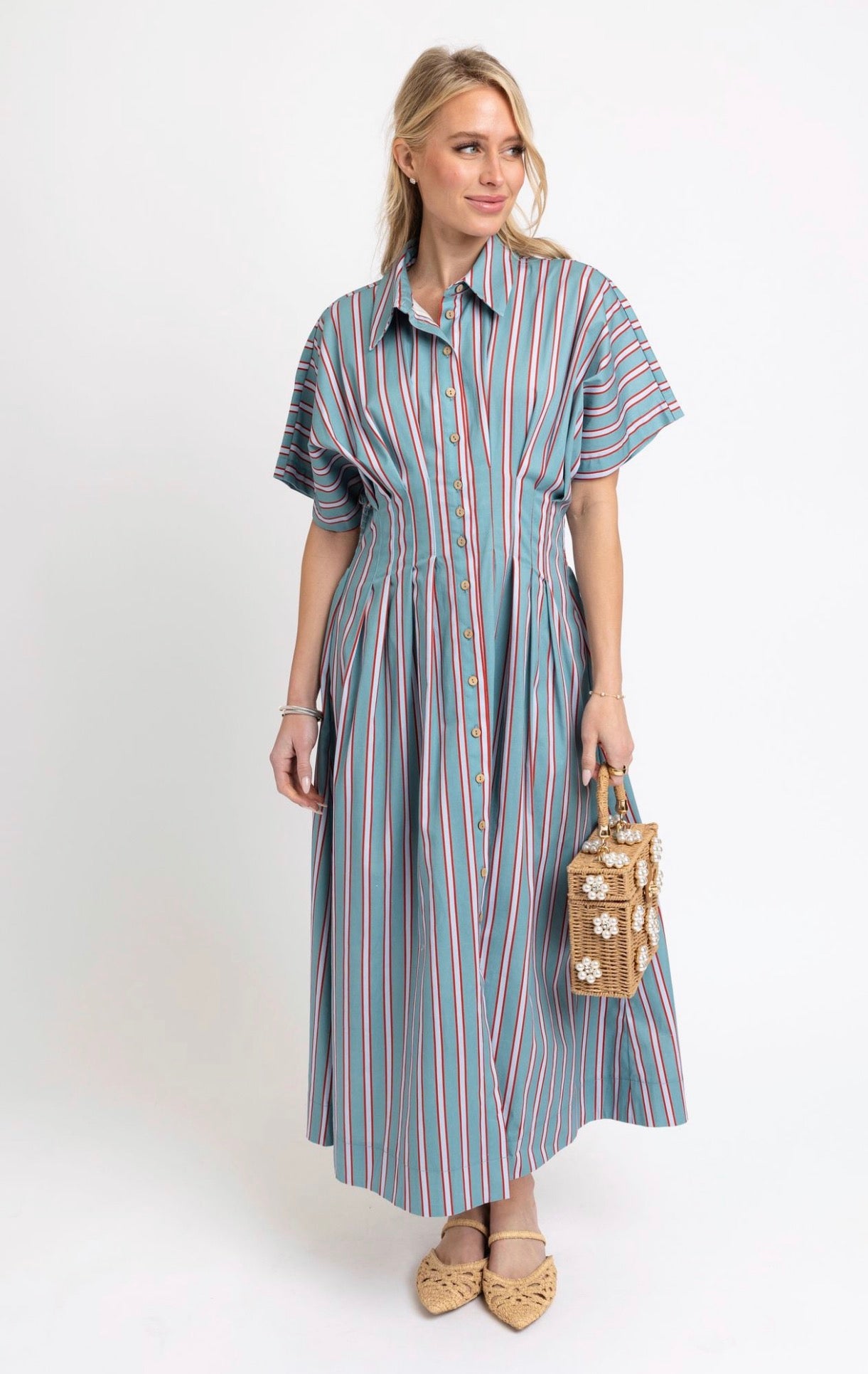 Erin Striped Dress, an aqua midi with red and white stripes, worn front view