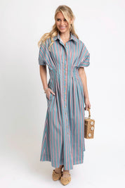 Back view of the Erin Striped Dress, an aqua midi with red and white stripes