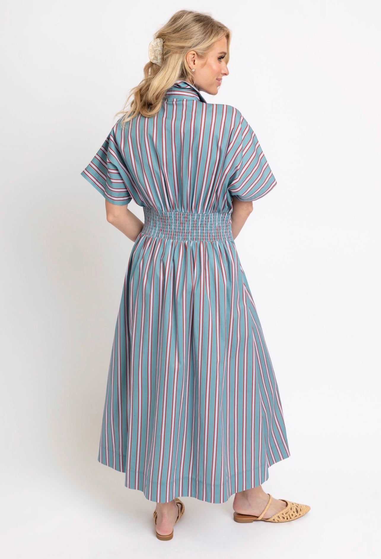Close-up of the collared neckline and button front on the Erin Striped Dress