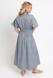 Close-up of the collared neckline and button front on the Erin Striped Dress