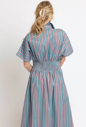 Erin Striped Dress styled full length, an aqua midi with red and white stripes – Lady & Tucker