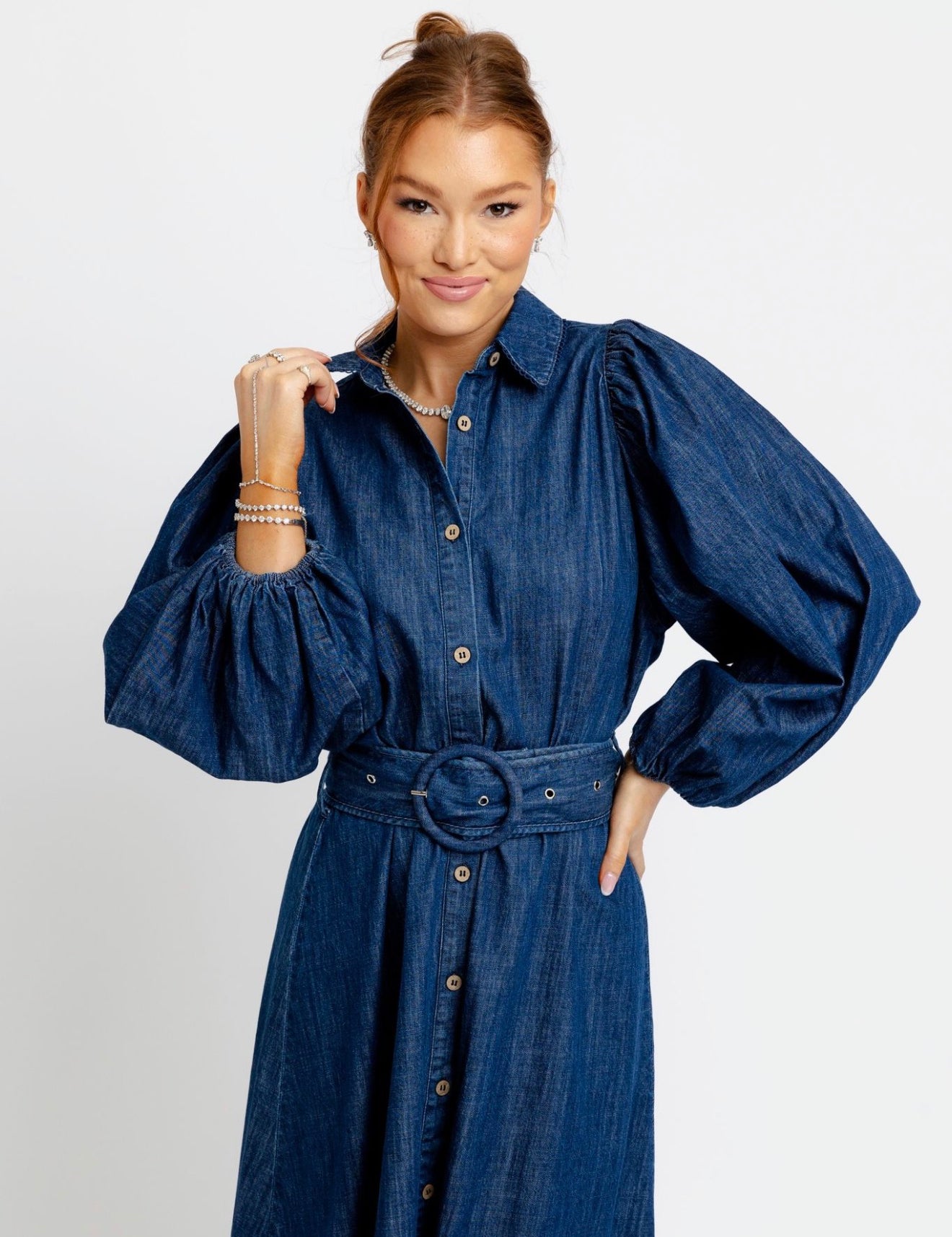 Denim Puff Sleeve Dress, a dark-wash belted denim maxi, worn front view