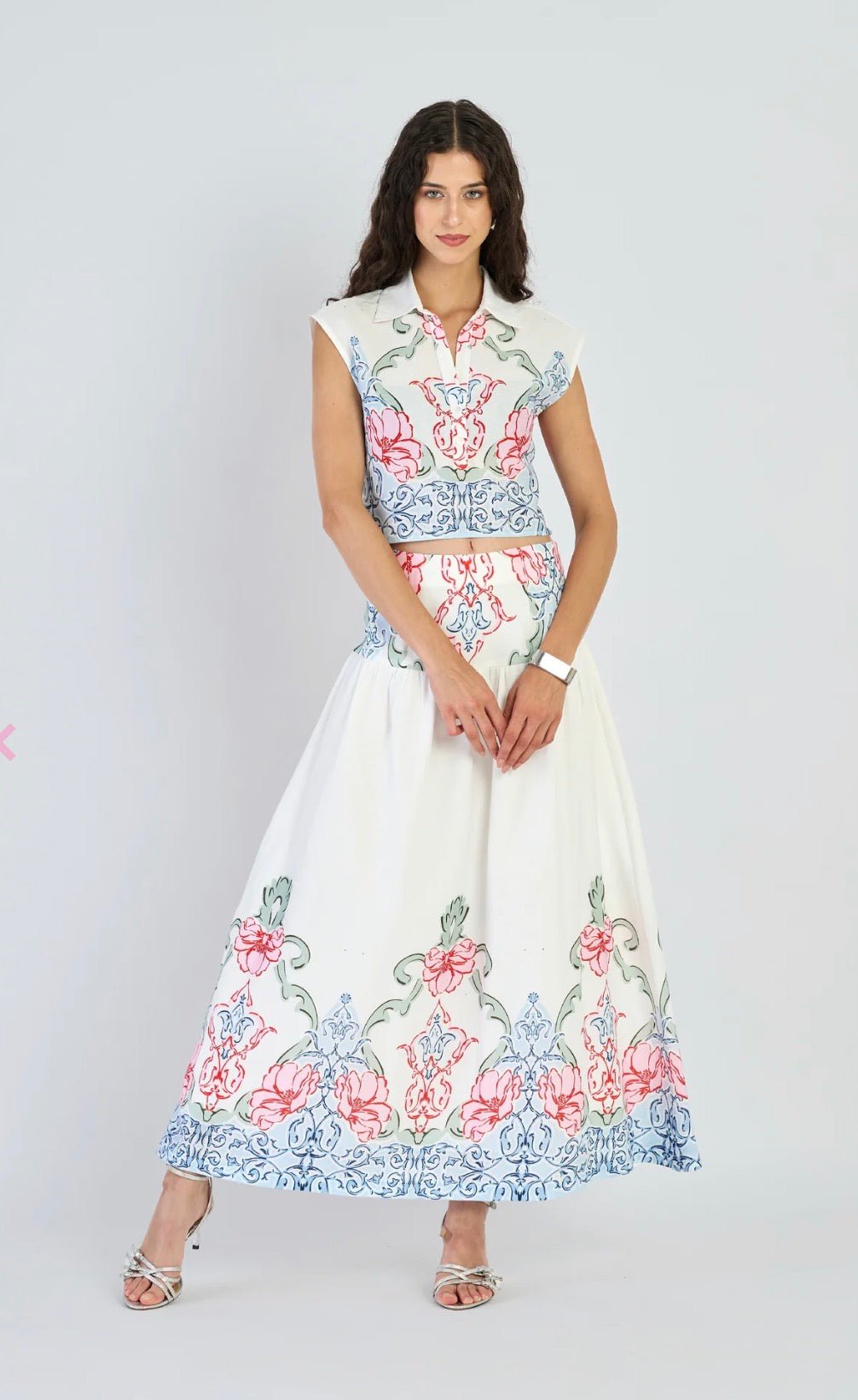Matinee Sky Set, a sky blue Matinee print two-piece set, worn front view