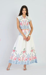Matinee Sky Set, a sky blue Matinee print two-piece set, worn front view