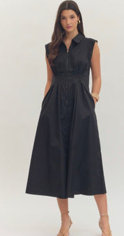 Night Out Maxi Dress, a black collared midi with front zip, worn front view