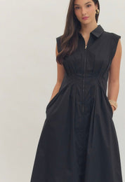 Close-up of the structured collar and front zip on the Night Out Maxi Dress