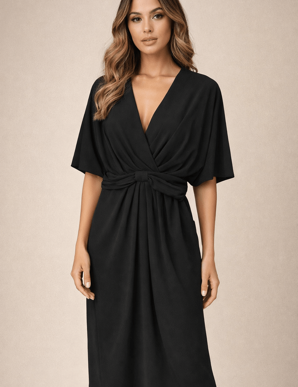 Call Me For Cocktails Dress, a black draped-bodice cocktail midi, worn front view – Lady & Tucker