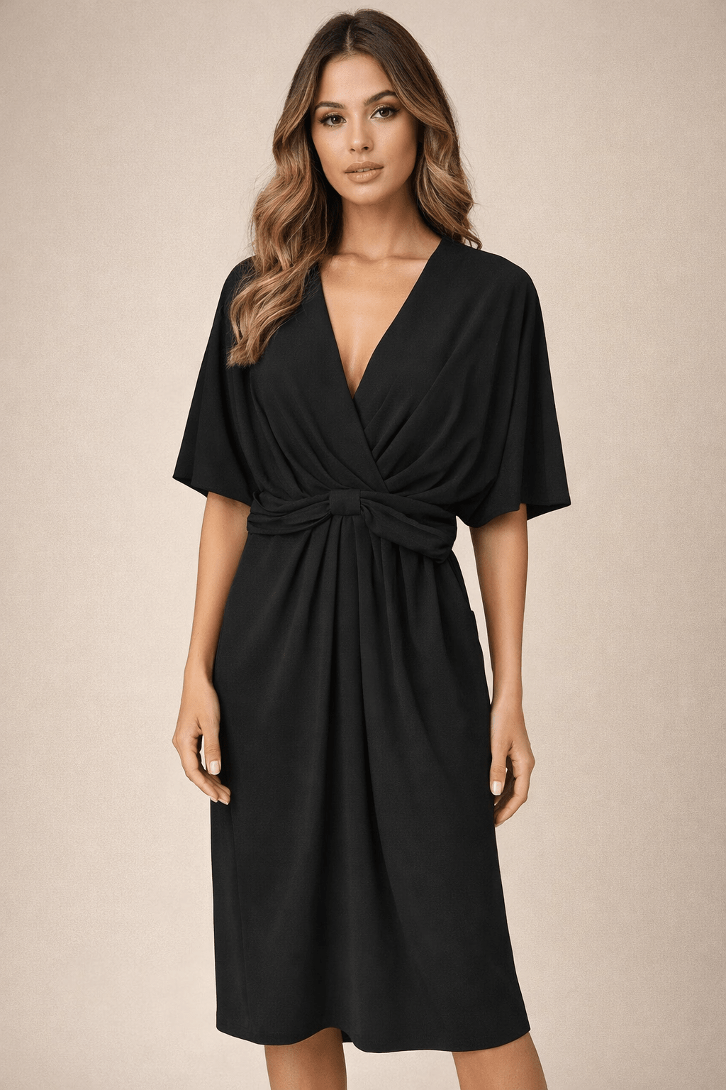 Call Me For Cocktails Dress, a black draped-bodice cocktail midi, worn front view – Lady & Tucker