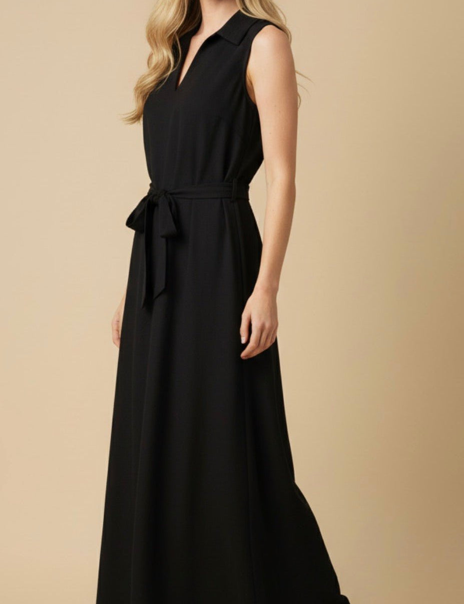 Linen Sleeveless Black Maxi Dress, a sleeveless black linen maxi, worn front view