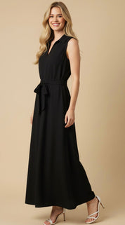 Linen Sleeveless Black Maxi Dress, a sleeveless black linen maxi, worn front view