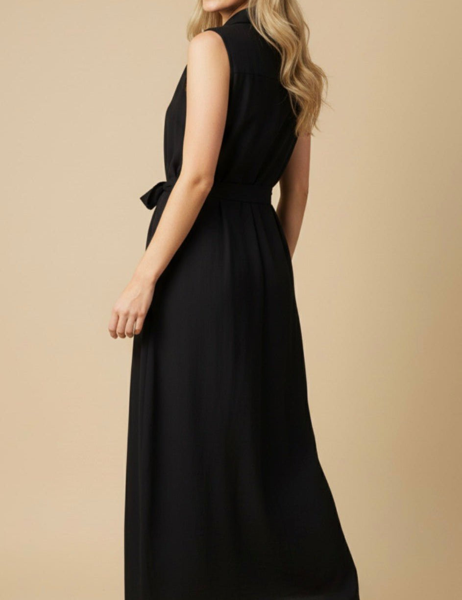 Back view of the Linen Sleeveless Black Maxi Dress, a sleeveless black linen maxi – Lady & Tucker
