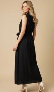 Back view of the Linen Sleeveless Black Maxi Dress, a sleeveless black linen maxi – Lady & Tucker