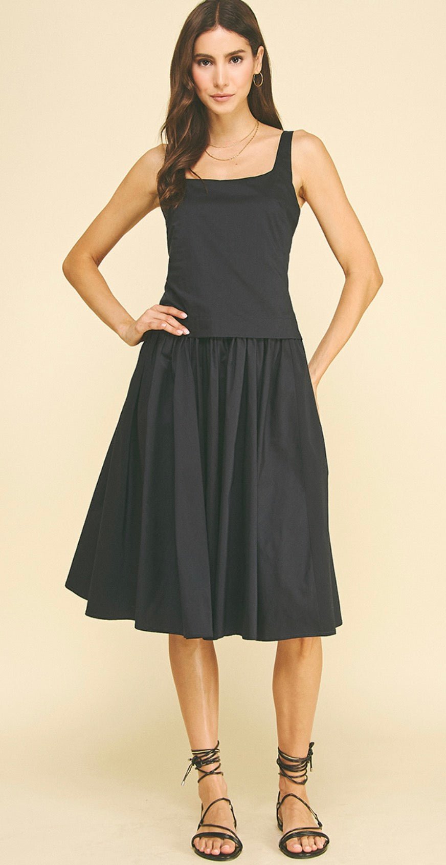 Blue/Black Midi Dress, a black square-neck midi dress, worn front view