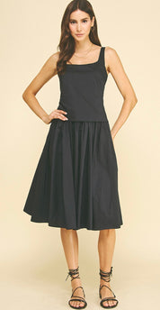 Blue/Black Midi Dress, a black square-neck midi dress, worn front view