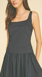 Blue/Black Midi Dress styled full length, a black square-neck midi dress – Lady & Tucker
