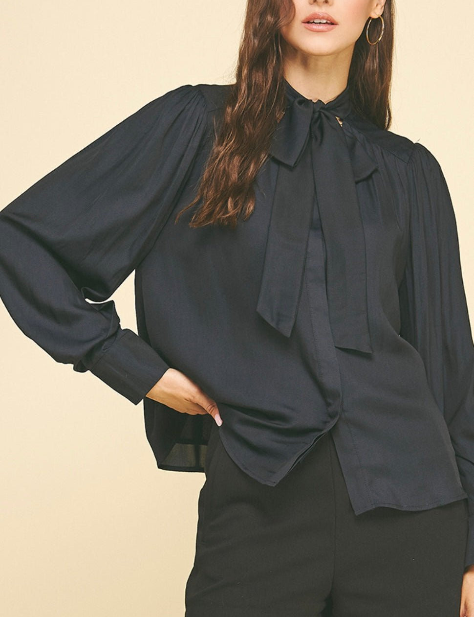 Black Tie Neck Top, a black tie-neck button-down blouse, worn front view