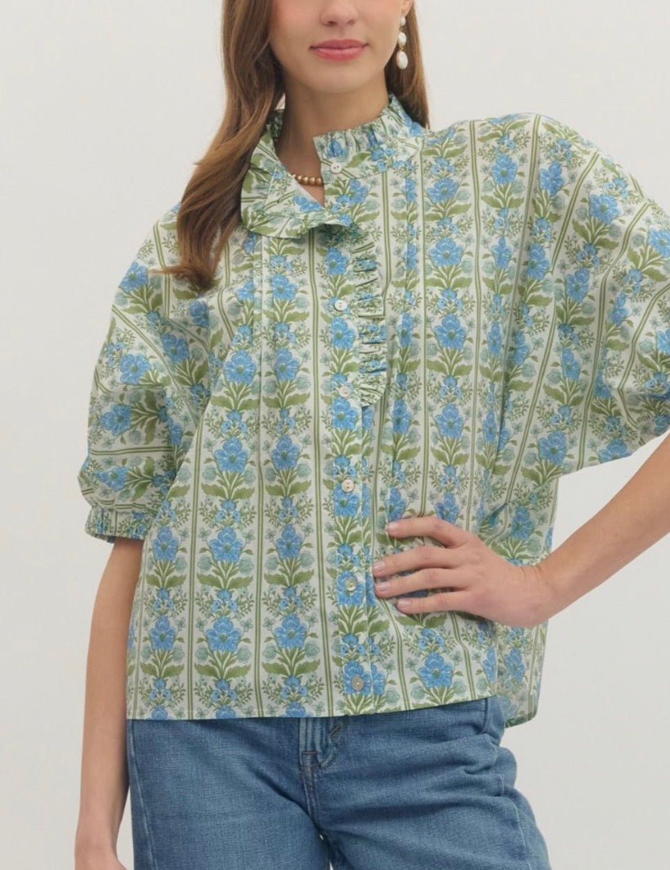 Floral Vines Top, a blue and olive floral stripe blouse, worn front view