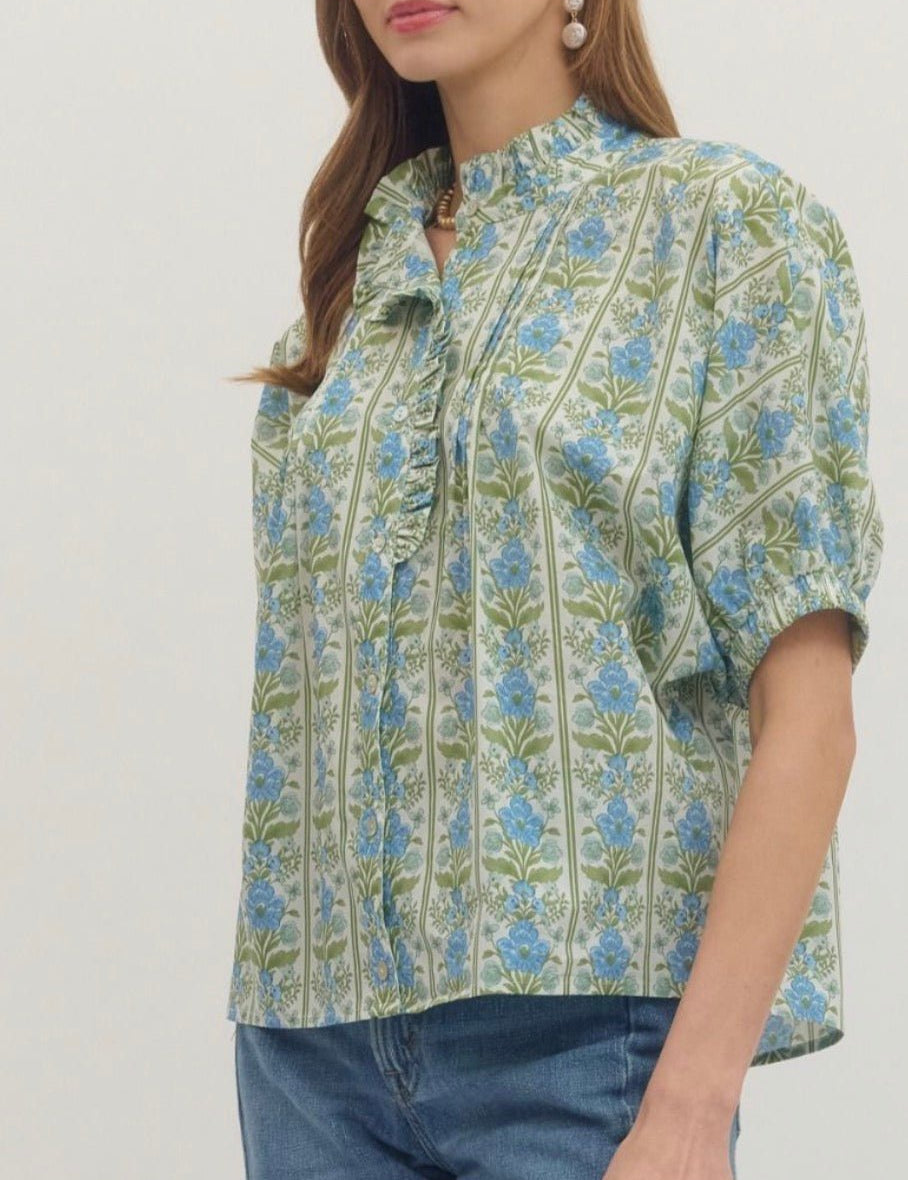 Back view of the Floral Vines Top, a blue and olive floral stripe blouse