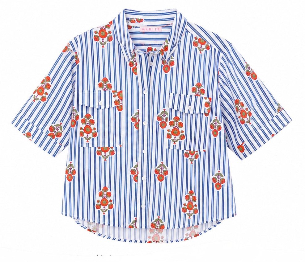 Floral Pocket Camp Top, a blue stripe floral pocket button-down, worn front view – Lady & Tucker
